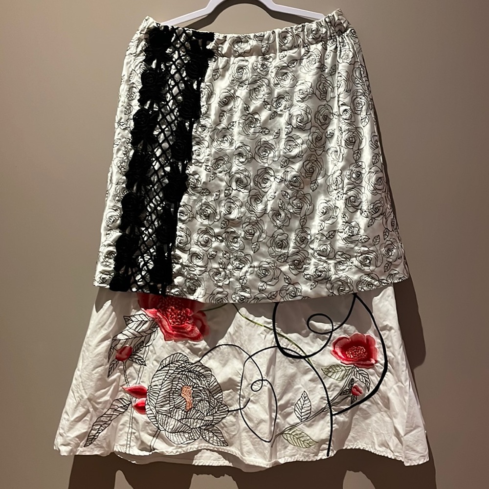 Mixed media maxi skirt embroidered cotton satin elastic waist